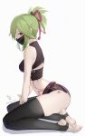  1girl absurdres black_legwear black_nails body_markings breasts crop_top dongye1551 fishnet_top fishnets from_side full_body genshin_impact green_hair hair_ornament highres kneeling kuki_shinobu looking_at_another looking_at_viewer mask medium_breasts midriff mouth_mask ninja_mask no_shoes purple_eyes rope shimenawa short_ponytail short_shorts shorts sidelocks simple_background sitting skindentation stirrup_legwear thighs toeless_legwear twitter_username white_background 