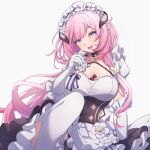  1girl :d alternate_costume bangs between_breasts blue_eyes breasts candy chocolate cleavage dress elbow_gloves elf elysia_(honkai_impact) enmaided food frilled_dress frills gloves heart heart-shaped_chocolate honkai_(series) honkai_impact_3rd long_hair looking_at_viewer maid maid_headdress open_mouth pink_hair pointy_ears short_sleeves smile soha_ez solo thighhighs white_background white_gloves white_legwear 