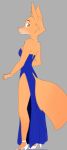  2022 4_fingers anthro biped blue_clothing blue_dress canid canine canis cheek_tuft clothed clothing diane_foxington digital_media_(artwork) dreamworks dress ears_front ears_up eyebrow_piercing eyebrows eyelashes facial_piercing facial_tuft female fingers fluffy footwear fox fox_tail fur hi_res jewelry looking_at_viewer looking_back mammal necklace nexco_fgmb orange_body orange_fur piercing pink_nose plantigrade red_fox shoes simple_background slit_dress solo standing the_bad_guys tuft white_clothing white_footwear white_shoes 