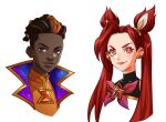  1boy 1girl bangs bow closed_mouth cropped_shoulders dark-skinned_male dark_skin dreadlocks earrings ekko_(league_of_legends) fangs grey_background hair_ornament jewelry jinx_(league_of_legends) league_of_legends looking_at_viewer mush820823 official_alternate_costume official_alternate_hairstyle orange_eyes parted_bangs purple_eyes red_bow red_hair simple_background skin_fangs smile space_print star_(symbol) star_guardian_(league_of_legends) star_guardian_ekko star_guardian_jinx starry_sky_print symbol-only_commentary twintails 