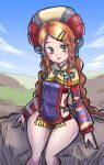  1girl aisha_(saga) blush_stickers braid breasts closed_mouth cloud green_eyes hair_ornament hat kuwango long_hair looking_at_viewer orange_hair romancing_saga_minstrel_song saga smile solo 