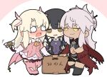  3girls bangs black_footwear black_hair blush boots box brown_eyes cardboard_box chibi chloe_von_einzbern commentary_request dark-skinned_female dark_skin detached_sleeves eye_contact fate/kaleid_liner_prisma_illya fate_(series) gloves grey_hair hair_between_eyes hair_bun illyasviel_von_einzbern jitome leotard long_sleeves looking_at_another magical_ruby magical_sapphire miyu_edelfelt multiple_girls navel nose_blush nyaru_(nyaru_4126) open_mouth parted_bangs parted_lips pink_background pink_footwear pink_shirt pink_sleeves prisma_illya purple_leotard shirt sleeveless sleeveless_shirt teardrop thigh_boots translation_request two-tone_background v-shaped_eyebrows white_background white_gloves yellow_eyes 