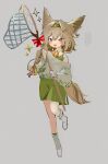  1girl arknights beanstalk_(arknights) bell braid brown_hair butterfly_net full_body green_hairband grey_background grey_shirt hair_intakes hairband hand_net highres hyena_ears hyena_tail long_sleeves looking_at_viewer neck_bell open_mouth red_eyes ryu_(17569823) shirt short_hair side_braid simple_background single_braid solo star_(symbol) white_legwear 