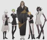  5boys achilles_(fate) asclepius_(fate) bangs belt black_footwear black_gloves black_hair black_jacket black_kimono black_necktie black_shorts blonde_hair boots brown_hair chiron_(fate) clipboard closed_eyes collared_shirt cosplay crossed_arms crossed_bangs curtained_hair dark-skinned_male dark_skin elbow_gloves expressionless facing_viewer fate/grand_order fate_(series) full_body gem_uniform_(houseki_no_kuni) gloves gradient_hair green_eyes green_hair hair_between_eyes hand_on_hilt hands_in_opposite_sleeves hands_on_hilt haruakira heracles_(fate) highres holding holding_clipboard houseki_no_kuni jacket jagged_sword japanese_clothes jason_(fate) kesa kimono kongou_sensei kongou_sensei_(cosplay) labcoat leaning_forward long_hair looking_ahead looking_at_another looking_at_object looking_down multicolored_hair multiple_boys necktie open_mouth parody parted_lips pink_hair profile puffy_short_sleeves puffy_sleeves scowl sheath sheathed shiny shiny_hair shirt shoes short_hair short_hair_with_long_locks short_sleeves shorts simple_background sleeves_past_fingers sleeves_past_wrists smile socks spiked_hair standing straight-on sweatdrop teacher_and_student thighhighs white_background white_hair white_jacket white_shirt white_shorts yellow_eyes zouri 