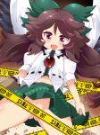  1girl :d alternate_eye_color arm_cannon bangs bird_wings black_wings blush bow brown_hair cape caution_tape collared_shirt commentary_request control_rod cowboy_shot flat_chest frilled_shirt_collar frills green_bow green_skirt hair_bow long_hair looking_at_viewer looking_down muuba navel no_panties open_mouth pink_eyes puffy_short_sleeves puffy_sleeves reiuji_utsuho rock shirt short_sleeves skirt smile solo third_eye touhou weapon white_cape white_shirt wings 