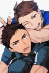  2boys ;d ahoge annoyed black_hair brown_eyes brown_hair carrying haikyuu!! highres looking_at_another looking_at_viewer multiple_boys obakegm oikawa_tooru_(haikyuu!!) one_eye_closed piggyback red_eyes sanpaku sawamura_daichi short_hair simple_background smile star_(symbol) thick_eyebrows v yaoi 