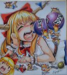  6+girls :&lt; :3 alcohol bangs blonde_hair blush bow bowtie chain clone closed_eyes commentary_request drunk flat_chest flying full_body gourd hair_bow horn_ornament horn_ribbon horns ibuki_suika jonasan_(bad-t) long_hair minigirl multiple_girls open_mouth orb purple_ribbon purple_skirt pyramid reclining red_bow red_bowtie ribbon sake shikishi shirt sidelocks simple_background skirt sleeveless sleeveless_shirt smile torn_clothes torn_sleeves touhou traditional_media upper_body white_background white_shirt wrist_cuffs |_| 