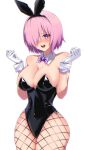  1girl absurdres animal_ears bangs bare_shoulders black_leotard blush bow bowtie breasts cleavage covered_navel detached_collar fake_animal_ears fate/grand_order fate_(series) fishnet_legwear fishnets gloves hair_over_one_eye hands_up highres large_breasts leotard looking_at_viewer mash_kyrielight nose_blush open_mouth pantyhose pink_bow pink_bowtie pink_hair playboy_bunny purple_eyes rabbit_ears shooot108 short_hair solo strapless strapless_leotard sweatdrop white_gloves wide_hips wrist_cuffs 