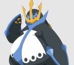  2022 ambiguous_gender belly big_belly blue_eyes blush empoleon feral grey_background hi_res inahon485 looking_at_viewer nintendo overweight pok&eacute;mon pok&eacute;mon_(species) simple_background solo video_games 
