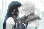  1boy 1girl armor bangs bare_shoulders black_hair blush closed_eyes cloud_strife couple earrings final_fantasy final_fantasy_vii final_fantasy_vii_remake fingerless_gloves gloves hand_on_another&#039;s_arm hands_on_another&#039;s_face highres jewelry kiss long_hair red_lips shoulder_armor sleeveless sleeveless_turtleneck spiked_hair spykeee suspenders tank_top tifa_lockhart turtleneck twitter_username upper_body watermark 