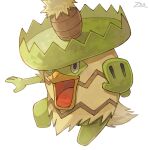  black_eyes commentary_request hand_up ludicolo no_humans open_mouth outstretched_arm oyasuminjyutsu pokemon pokemon_(creature) signature simple_background solo tongue white_background 