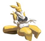 2021 3_fingers absurd_res anthro bandai_namco blulesnsfw bra breasts clothing digimon digimon_(species) eyes_closed female fingers front_view fur hi_res navel neck_tuft renamon simple_background sitting sketch solo tuft underwear white_background white_body white_fur yellow_body yellow_fur 