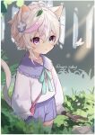  1boy absurdres animal_ears bag blue_eyes branch bug butterfly cat_boy cat_ears cat_tail forest handbag heterochromia highres leaf leaf_on_head looking_to_the_side male_focus mano_sukey multicolored_hair nature original parted_lips pink_hair purple_eyes shirt short_hair shorts solo tail thighhighs tree white_hair 