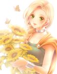  1girl bianca_(dq5) blonde_hair bracelet braid bug butterfly cape choker dragon_quest dragon_quest_v dress earrings flower green_dress green_eyes holding holding_flower jewelry lips long_hair orange_cape red_lips shina_art side_braid single_braid sleeveless sleeveless_dress solo sunflower upper_body white_background 