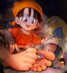  1girl 2boys :d bandana barefoot black_eyes black_hair commission dragon_ball dragon_ball_gt feet fingerless_gloves gloves highres jacket multiple_boys open_mouth orange_bandana pan_(dragon_ball) purinsoul purple_hair red_shirt second-party_source shirt size_difference smile soles son_goku sweat toes trunks_(dragon_ball) 