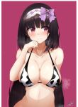  1girl absurdres animal_print bangs bikini black_hair blush breasts cleavage collarbone cow_print fate/grand_order fate_(series) highres large_breasts long_hair looking_to_the_side narusan_beam2 osakabe-hime_(fate) pink_background purple_eyes signature simple_background solo swimsuit upper_body 