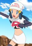  1girl absurdres beanie black_hair blue_eyes blurry boots cloud commentary_request cosplay cropped_jacket dawn_(pokemon) day elbow_gloves eyelashes gloves hainchu hair_ornament hairclip hat highres jacket jessie_(pokemon) jessie_(pokemon)_(cosplay) logo long_hair navel open_mouth outdoors pokemon pokemon_(anime) pokemon_dppt_(anime) sidelocks skirt sky solo team_rocket team_rocket_uniform thigh_boots tongue white_headwear white_jacket white_skirt 