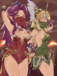  2equal8 2girls angela_(seiken_densetsu_3) armor armpits blonde_hair blush breasts bridal_gauntlets cleavage dress embarrassed gloves helmet highres holding_hands long_hair low-tied_long_hair multiple_girls open_mouth polearm riesz seiken_densetsu seiken_densetsu_3 veil very_long_hair weapon winged_helmet yuri 