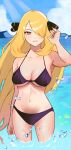  1girl absurdres bikini black_bikini blonde_hair blue_sky blush breasts cloud collarbone cynthia_(pokemon) day grey_eyes hair_ornament hand_up highres large_breasts long_hair looking_at_viewer navel ocean okuro_zmzm outdoors parted_lips pokemon pokemon_(game) pokemon_dppt sky solo stomach swimsuit thighs very_long_hair wading water water_drop 