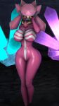  2020 3d_(artwork) 9:16 anthro big_breasts breasts crystal diancie digital_media_(artwork) female genitals grey_body grey_skin half-closed_eyes hand_on_head hi_res jewelry legendary_pok&eacute;mon narrowed_eyes necklace nintendo pink_body pok&eacute;mon pok&eacute;mon_(species) pokesymbiote pose pussy red_eyes smile solo source_filmmaker standing symbiote video_games 