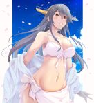  1girl barefoot bikini breasts cleavage collarbone commentary from_below grey_hair hair_ornament hairclip haruna_(kancolle) headgear hood hooded_sweater kantai_collection large_breasts long_hair map_(blue_catty) midriff navel off_shoulder official_alternate_costume petals sarong smile solo sweater swimsuit white_bikini white_sarong white_sweater 