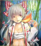  1girl bamboo bamboo_forest bangs bow breasts breathing_fire cleavage collared_shirt commentary_request fire forest fujiwara_no_mokou full_moon grey_hair hair_bow jonasan_(bad-t) long_hair long_sleeves looking_at_viewer moon nature night open_clothes open_mouth open_shirt outdoors red_eyes sarashi shikishi shirt signature solo suspenders touhou traditional_media upper_body very_long_hair white_bow white_shirt 