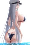  1girl absurdres ass azur_lane back bare_shoulders bikini breasts butt_crack cc_(c~fua) commentary_request enterprise_(azur_lane) from_behind hat highres large_breasts long_hair looking_at_viewer looking_back parted_lips peaked_cap purple_eyes sideboob solo straight_hair string_bikini swimsuit very_long_hair wading water wet white_background white_hair 