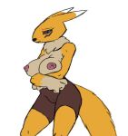  2020 anthro bandai_namco big_breasts black_sclera blue_eyes blulesnsfw bottomwear breasts clothing digimon digimon_(species) female fur hands_under_breasts neck_tuft nipples orange_body orange_fur pants renamon simple_background solo standing tuft white_background worried 