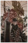  1boy 1girl armor artist_request berserk black_hair cape closed_mouth covered_eyes crossover dragonslayer_(sword) dress elden_ring guts_(berserk) helmet highres holding holding_weapon huge_weapon long_hair looking_at_viewer male_focus malenia_blade_of_miquella muscular red_cape red_hair short_hair sword very_long_hair weapon winged_helmet 