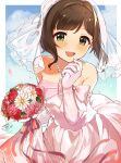  1girl blush bouquet bridal_gauntlets bridal_veil bride brown_hair commission dress falling_petals fang gloves green_eyes highres holding holding_bouquet idolmaster idolmaster_cinderella_girls jewelry lace-trimmed_veil lace_trim looking_at_viewer maekawa_miku mmmakaron888 petals pink_dress pink_gloves ring skeb_commission skin_fang smile solo veil wedding_dress wedding_ring 