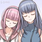  2girls aqua_ribbon bangs blue_dress blue_hair blunt_bangs braid breast_pocket breasts closed_eyes dress headphones heads_together kamihama_university_affiliated_school_uniform long_hair magia_record:_mahou_shoujo_madoka_magica_gaiden mahou_shoujo_madoka_magica medium_breasts multiple_girls nanami_yachiyo neck_ribbon pink_hair pocket red_sailor_collar ribbon sailor_collar school_uniform shirt sidelocks sleeveless sleeveless_dress smile studiozombie tamaki_iroha turtleneck_dress white_shirt yuri 