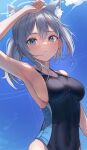  1girl 2gong_(9ujin_) absurdres animal_ear_fluff animal_ears arm_on_head arm_up armpits bangs bare_shoulders black_swimsuit blue_archive blue_eyes blue_sky blue_swimsuit blush breasts cat_ears closed_mouth cloud competition_swimsuit covered_navel cross_hair_ornament day extra_ears grey_hair hair_between_eyes hair_ornament halo highleg highleg_swimsuit highres looking_at_viewer medium_breasts medium_hair mismatched_pupils multicolored_clothes multicolored_swimsuit official_alternate_costume one-piece_swimsuit outdoors ponytail shiroko_(blue_archive) shiroko_(swimsuit)_(blue_archive) sideboob sky solo swimsuit two-tone_swimsuit unfinished water_drop wet wet_clothes wet_swimsuit 