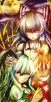  2girls angry bamboo bamboo_forest bangs black_sclera blood bow bowtie brown_horns closed_mouth cloud collared_shirt colored_sclera commentary_request cowboy_shot crying crying_with_eyes_open ex-keine fire forest fujiwara_no_mokou full_moon green_hair hair_bow hand_on_another&#039;s_head highres horns jonasan_(bad-t) kamishirasawa_keine long_hair long_sleeves looking_at_viewer moon multiple_girls nature night ofuda ofuda_on_clothes open_mouth pants purple_sky pyrokinesis red_bow red_bowtie red_eyes red_pants shirt tears touhou very_long_hair white_bow white_hair white_shirt 