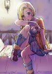  1girl belt bianca_(dq5) blonde_hair blue_eyes blush bracelet braid breasts cape choker cleavage collarbone dragon_quest dragon_quest_v dress earrings green_dress hair_over_shoulder highres indoors jewelry legs long_hair looking_at_viewer on_bed orange_cape side_braid single_braid sitting sitting_on_bed sleeveless sleeveless_dress socks tasuku13719413 