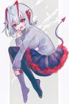 1girl :d ahoge antennae arknights black_legwear black_skirt blush breasts demon_girl demon_horns demon_tail fang full_body grey_background grey_hair grey_sweater hand_up highres holding horns large_breasts long_sleeves looking_at_viewer morita_(pixiv31883607) no_shoes open_mouth pantyhose red_eyes red_nails short_hair simple_background skirt smile solo sweater tail w_(arknights) 