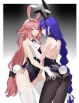  2girls absurdres animal_ears bangs bare_back black_legwear blue_hair bow bowtie braid braided_ponytail breasts earrings eyebrows_behind_hair fake_animal_ears fake_tail fishnet_legwear fishnets fox_ears fox_girl genshin_impact gloves hair_between_eyes highres jewelry long_hair looking_at_viewer looking_back miqilinfeizainie multiple_girls pantyhose pink_hair playboy_bunny ponytail rabbit_ears rabbit_tail raiden_shogun sleeveless smile tail thighhighs white_gloves white_legwear wrist_cuffs yae_miko 