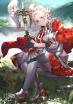  1girl axe blush breasts cape closed_mouth edelgard_von_hresvelg fire_emblem fire_emblem:_three_houses fire_emblem_warriors:_three_hopes gloves hair_ornament hair_ribbon kero_sweet long_hair looking_at_viewer official_alternate_costume purple_eyes red_cape ribbon simple_background solo uniform water white_hair 
