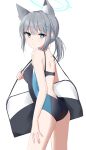  1girl absurdres animal_ear_fluff animal_ears bangs bare_arms bare_shoulders black_swimsuit blue_archive blue_eyes breasts commentary_request from_side grey_hair hair_between_eyes hair_ornament halo highres long_hair looking_at_viewer looking_to_the_side low_ponytail medium_breasts one-piece_swimsuit ponytail shiroko_(blue_archive) shiroko_(swimsuit)_(blue_archive) simple_background solo standing swimsuit swon_(joy200892) white_background 