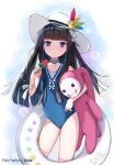  1girl bangs bare_shoulders black_hair blue_swimsuit bow closed_mouth collarbone commentary_request food hat highres holding holding_food innertube liclac long_hair object_hug one-piece_swimsuit original popsicle purple_eyes rubber_duck solo standing stuffed_animal stuffed_bunny stuffed_toy sun_hat swimsuit very_long_hair watermelon_bar white_bow white_headwear 