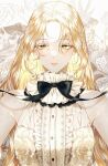  1girl black_bow blonde_hair bow copyright_request ea_ateu frilled_shirt_collar frills highres jewelry long_hair print_shirt shirt solo source_request yellow_eyes 