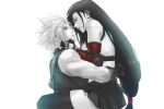 1boy 1girl bare_shoulders black_hair black_skirt blue_eyes cloud_strife couple crop_top earrings final_fantasy final_fantasy_vii final_fantasy_vii_remake fingerless_gloves gloves hands_on_another&#039;s_face highres hug jewelry long_hair looking_at_another low-tied_long_hair open_mouth red_eyes skirt sleeveless sleeveless_turtleneck spiked_hair spykeee suspender_skirt suspenders tank_top thighhighs tifa_lockhart turtleneck twitter_username watermark white_background white_tank_top zettai_ryouiki 