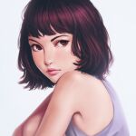  1girl bare_shoulders blurry brown_eyes brown_hair closed_mouth commentary face ilya_kuvshinov_(style) knees_to_chest medium_hair original realistic rotisusu solo 
