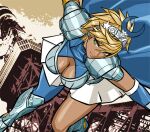  1girl armor artemis_(megami_tensei) artist_request blonde_hair breasts dark-skinned_female dark_skin gauntlets greek_clothes green_eyes highres looking_at_viewer shin_megami_tensei shin_megami_tensei_v short_hair skirt solo tan tokyo_tower yellow_eyes 