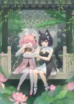  2girls :3 animal_ear_fluff animal_ears ankle_garter aqua_eyes black_dress black_footwear black_hair blue_hair blurry bokukari_dolly bow bowl braid breasts brown_footwear cat_ears cat_tail center_frills character_request cherry cleavage cleavage_cutout clothing_cutout colored_inner_hair commentary_request depth_of_field dress eating flower food frilled_dress frilled_skirt frills fruit garden green_hair hair_bow hair_flaps hair_flower hair_ornament hairclip high_heels highres holding holding_bowl holding_spoon hoshina_suzu ice_cream layered_skirt medium_breasts medium_hair mouse_ears mouse_girl mouse_tail multicolored_eyes multicolored_hair multiple_girls one_eye_closed outdoors palm_tree pink_bow pink_dress pink_eyes pink_hair purple_eyes short_hair shrug_(clothing) side_braid sitting skirt spoon star_(symbol) star_hair_ornament streaked_hair tail tail_bow tail_ornament temple_gate thighhighs tree tulip underbust virtual_youtuber wactor_production white_flower white_legwear white_skirt window 