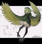  1girl alternate_race bangs bird_legs commentary_request commission dress falling_leaves feathers flat_cap green_dress green_eyes green_feathers green_hair green_headwear green_skirt green_wings harpy hat highres key leaf letterboxed medium_hair monster_girl open_mouth pouch ruteko_(ruko220) scales skeb_commission skirt solo talons thank_you touhou white_background winged_arms wings yamashiro_takane 