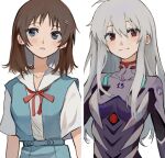  2girls ahoge aqua_skirt arms_at_sides blush brown_hair cowboy_shot dango_(uni_520) genderswap genderswap_(mtf) grey_hair hair_ornament hairclip ikari_shinji long_hair looking_at_another medium_hair multiple_girls nagisa_kaworu neon_genesis_evangelion plugsuit red_eyes school_uniform sidelocks skirt smile suspender_skirt suspenders tokyo-3_middle_school_uniform 