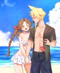 1boy 1girl aerith_gainsborough alternate_costume arm_between_breasts asymmetrical_hair bangs bare_arms beach between_breasts bikini blonde_hair blush braid braided_ponytail breasts brown_hair cleavage closed_eyes cloud cloud_strife cloudy_sky couple cup disposable_cup dropping final_fantasy final_fantasy_vii final_fantasy_vii_remake floral_print grey_shirt hair_ribbon holding_another&#039;s_arm holding_hands hood hood_down krudears male_swimwear medium_breasts ocean open_clothes open_mouth open_shirt parted_bangs pectorals ribbon shirt sidelocks sky smile spiked_hair spit_take spitting sweatdrop swim_trunks swimsuit upper_body wavy_hair 