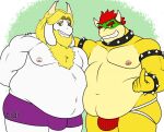  anthro asgore_dreemurr beard belly big_belly blonde_hair boss_monster bovid bowser bulge caprine clothing duo facial_hair fur goat hair hidi horn jockstrap koopa male male/male mammal mario_bros mature_male monster muscular muscular_male nintendo overweight overweight_male red_eyes red_hair reptile scalie strongfat turtle undertale undertale_(series) underwear video_games white_body white_fur 