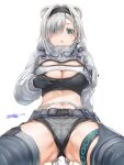  1girl :o animal_ears arknights arm_behind_back ass_visible_through_thighs aurora_(arknights) bangs bear_ears belt black_gloves black_hairband black_legwear blue_eyes blush breast_hold breasts cleavage commentary_request dated extra_ears eyes_visible_through_hair gloves grey_hair grey_shorts hair_ornament hair_over_one_eye hairband hairclip highres infection_monitor_(arknights) large_breasts long_sleeves looking_at_viewer navel open_mouth short_hair short_shorts shorts shrug_(clothing) signature solo sports_bra stomach thigh_strap thighlet yukinoshiro 