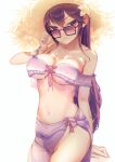  1girl bare_shoulders bikini black-framed_eyewear breasts cleavage closed_mouth futoshi_ame glasses hat highres long_hair looking_at_viewer medium_breasts navel original purple_bikini purple_eyes purple_hair sarong side-tie_bikini solo stomach straw_hat string_bikini swimsuit thighs tinted_eyewear 